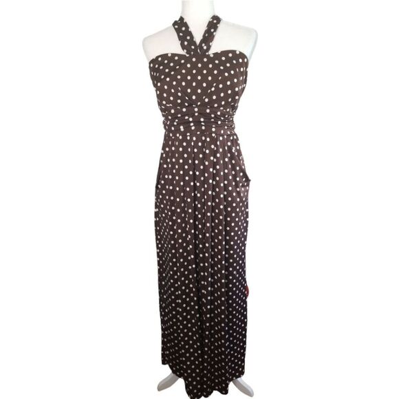 Paper Doll Halter Maxi Dresd Brown White Polka Dots Size 2X - Picture 1 of 9